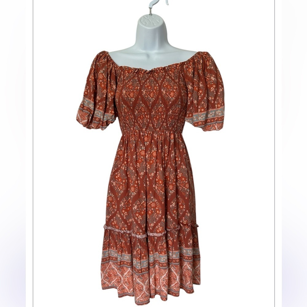 IRIS MAXI smocked midi dress boho prairie puff sleeve off the shoulder  Size XS